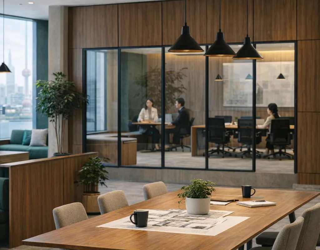 完成后的现代办公室公共协作区，拥有明亮采光和开放动线。