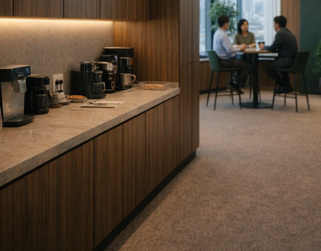 改造后的办公室茶水间，深木色柜体搭配明亮台面。