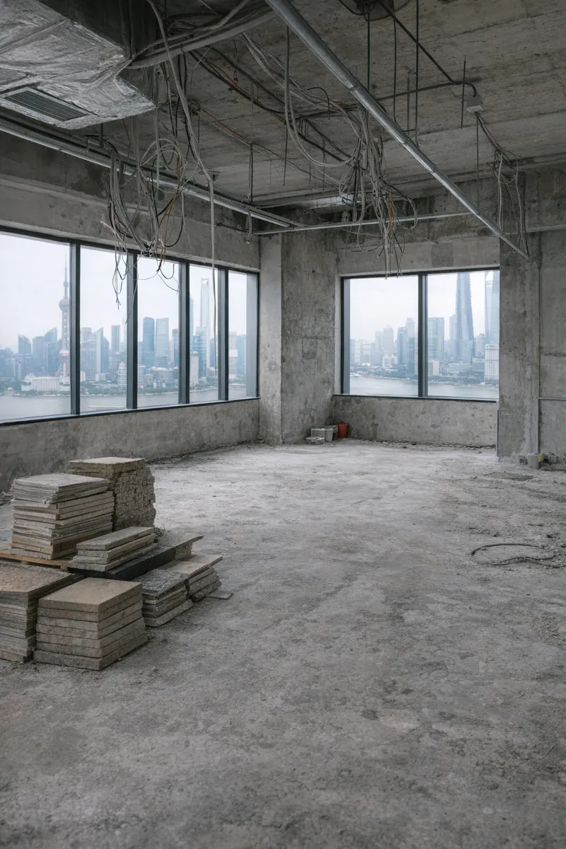 装修中的办公室现场，有施工工具和待安装材料。