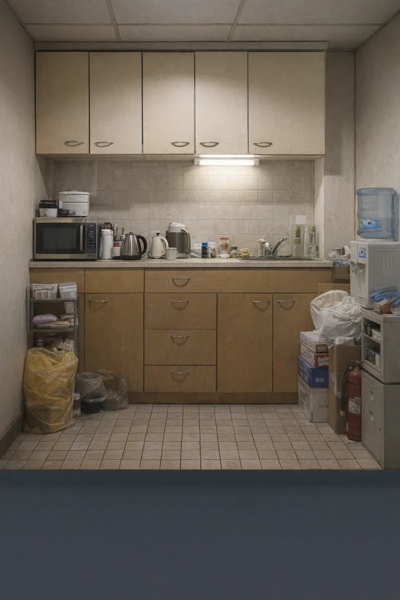 改造前的办公茶水间和后勤区域，设施陈旧、收纳不足。