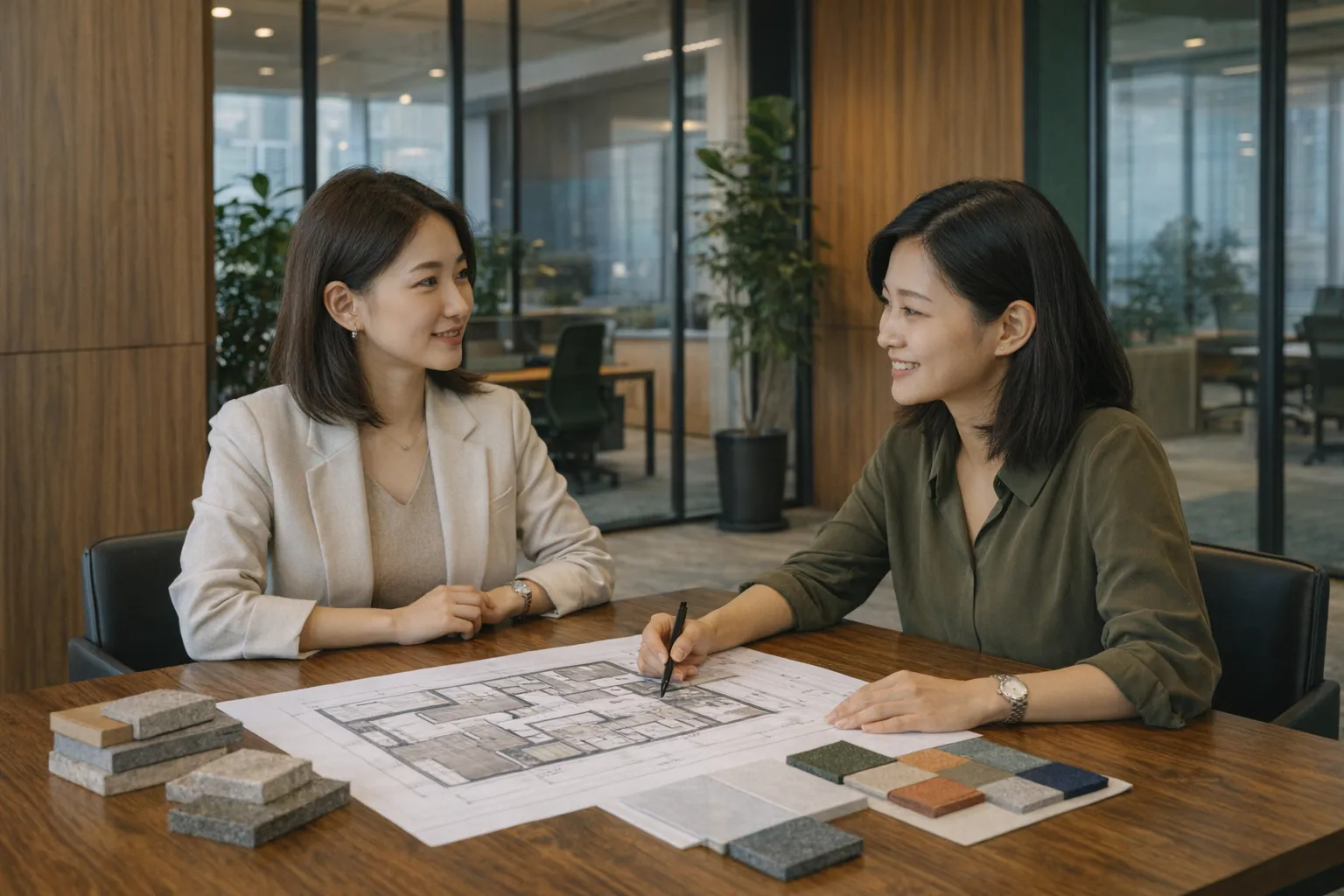 设计团队正在沟通办公室装修方案。