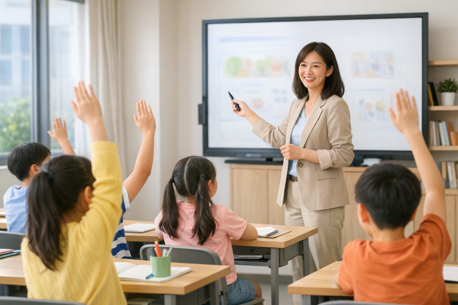 中小学学生在课堂上举手互动
