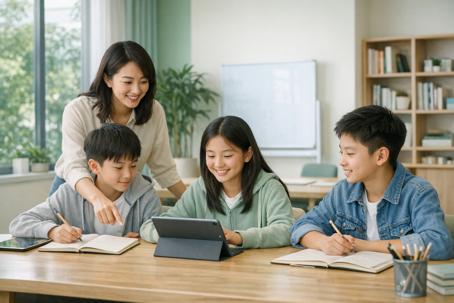 老师和学生在教室里讨论学习计划