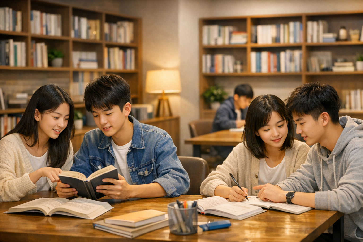 学生在安静的学习空间阅读和讨论