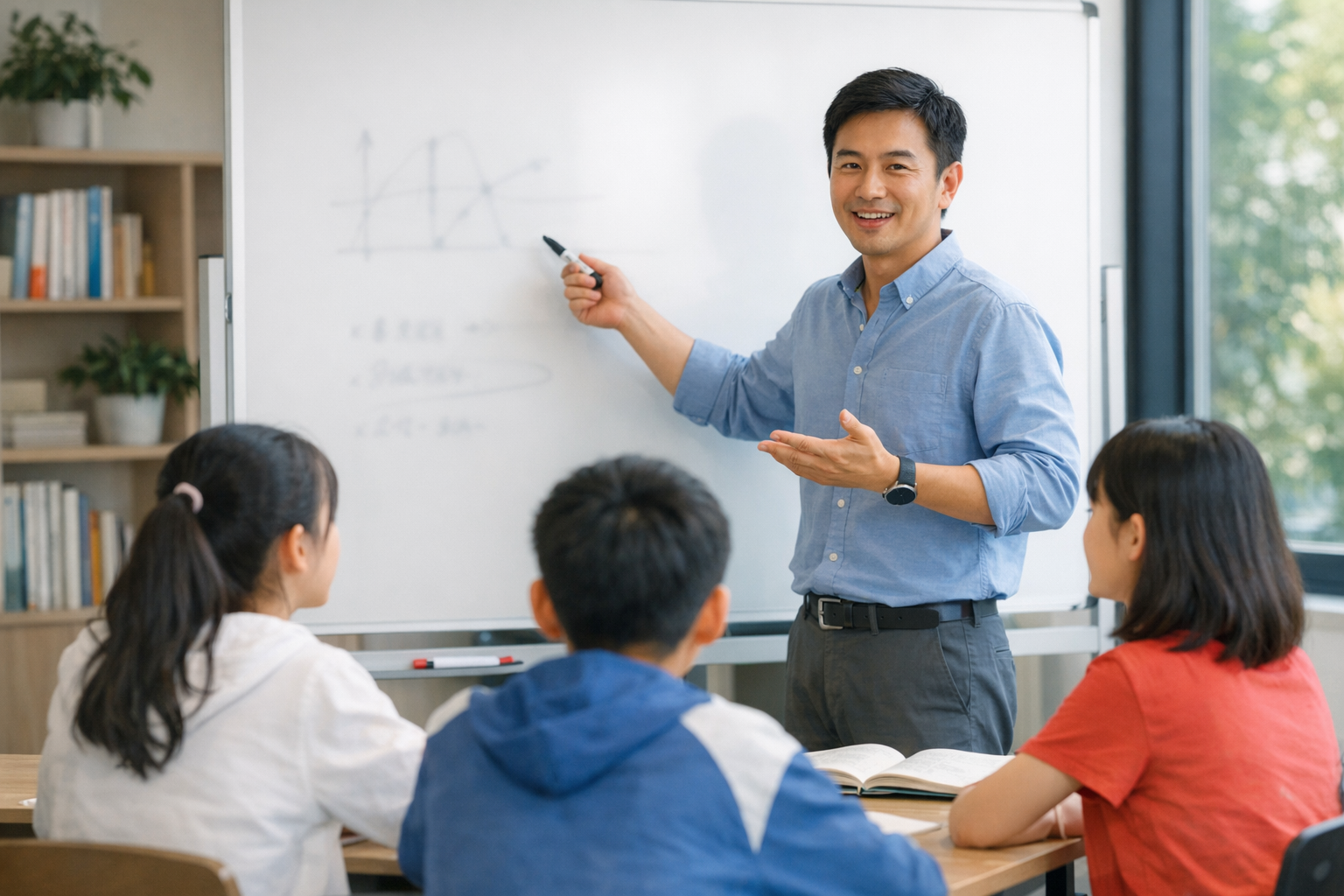 老师在白板前为学生讲解课程内容